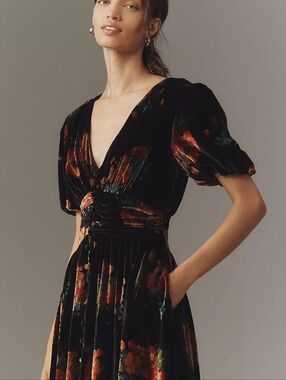 Anthropologie Black Velvet Midi Dress with Multicolor Floral Print
